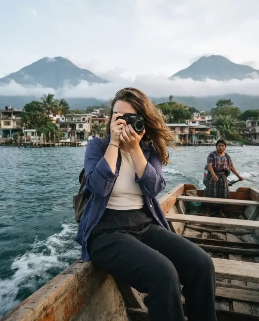 Solo female traveler arriving by lancha boat at San Marcos La Laguna on Lake Atitlan Guatemala surrounded by volcanoes and mist