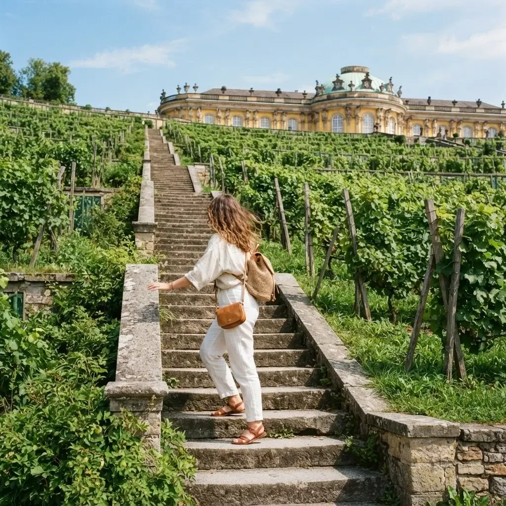 A woman in earthy-toned linen clothes walking along the terraced vineyard steps leading up to the yellow Sanssouci Palace in Potsdam.