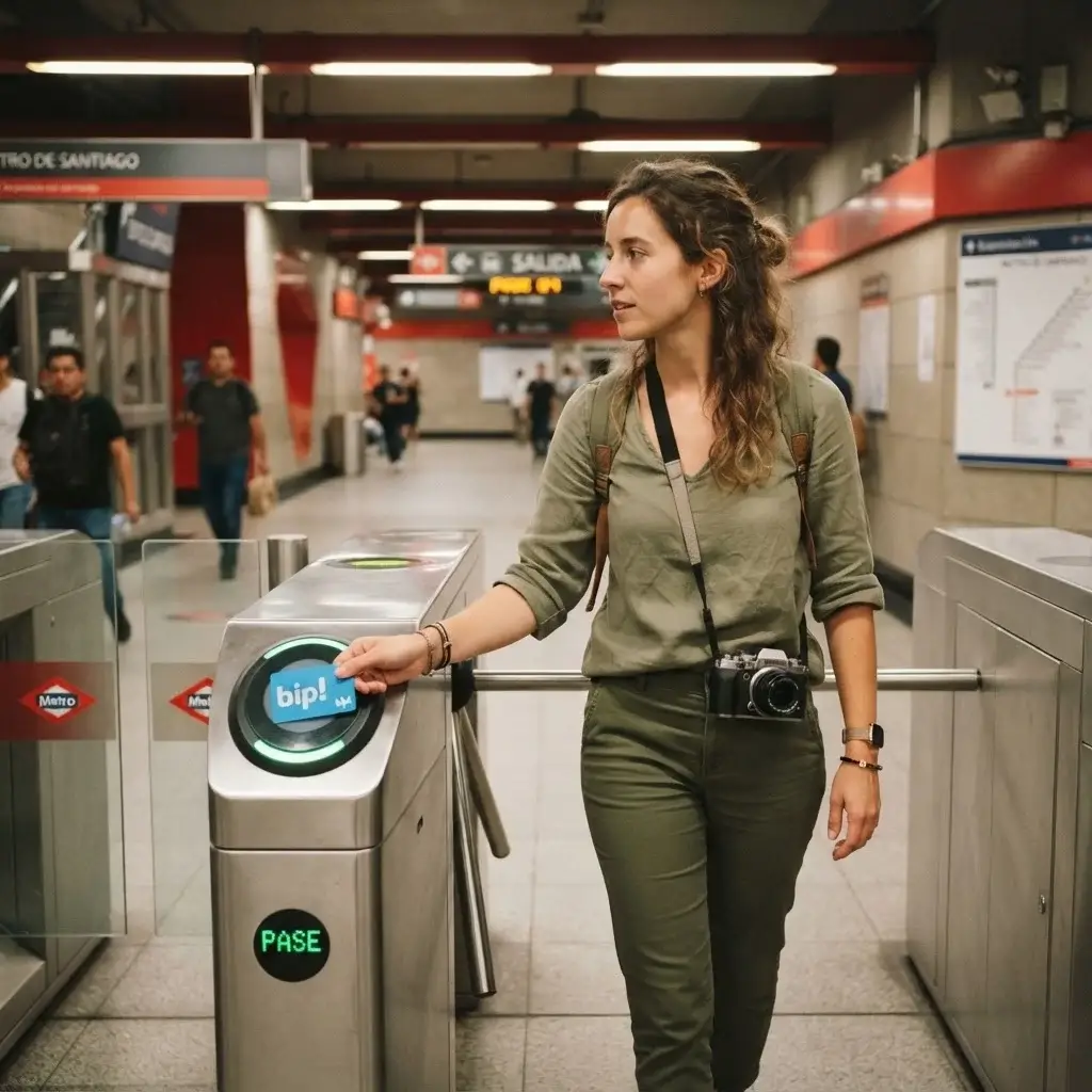 Female solo traveler tapping a bip card at a Santiago Metro turnstile in a clean modern underground station in Santiago Chile