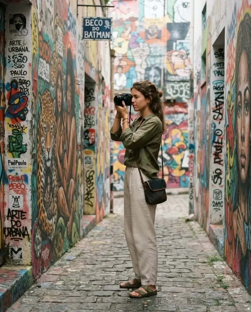 Solo female traveler with camera walking through Beco do Batman alley in Vila Madalena, Sao Paulo, Brazil, surrounded by densely layered colorful street art murals on narrow lane walls
