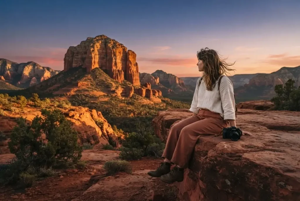 Solo female traveler sitting on a sandstone ledge overlooking Cathedral Rock in Sedona Arizona, red rock formations glowing in early morning warm light