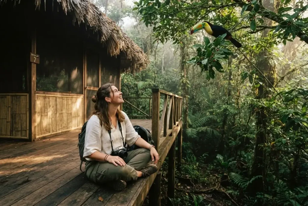 Solo female traveler sitting on a wooden bungalow deck elevated above the rainforest floor at Selva Verde Lodge Sarapiqui Costa Rica in soft morning light