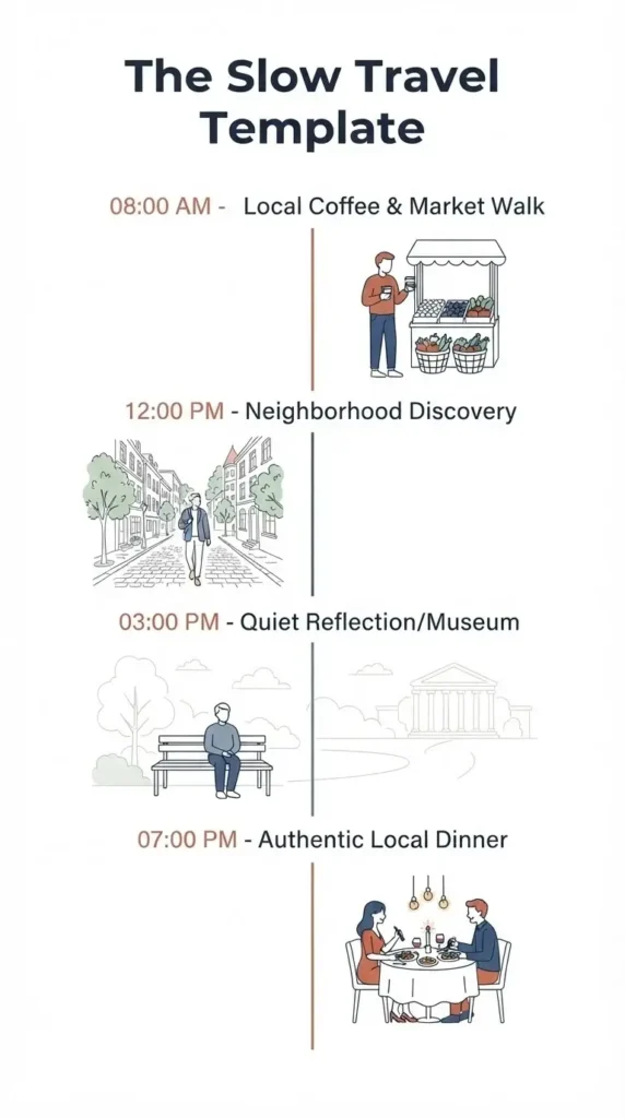 A structured 9:16 vertical infographic layout showcasing a balanced daily schedule for slow travelers, prioritizing local interaction over tourist sites.