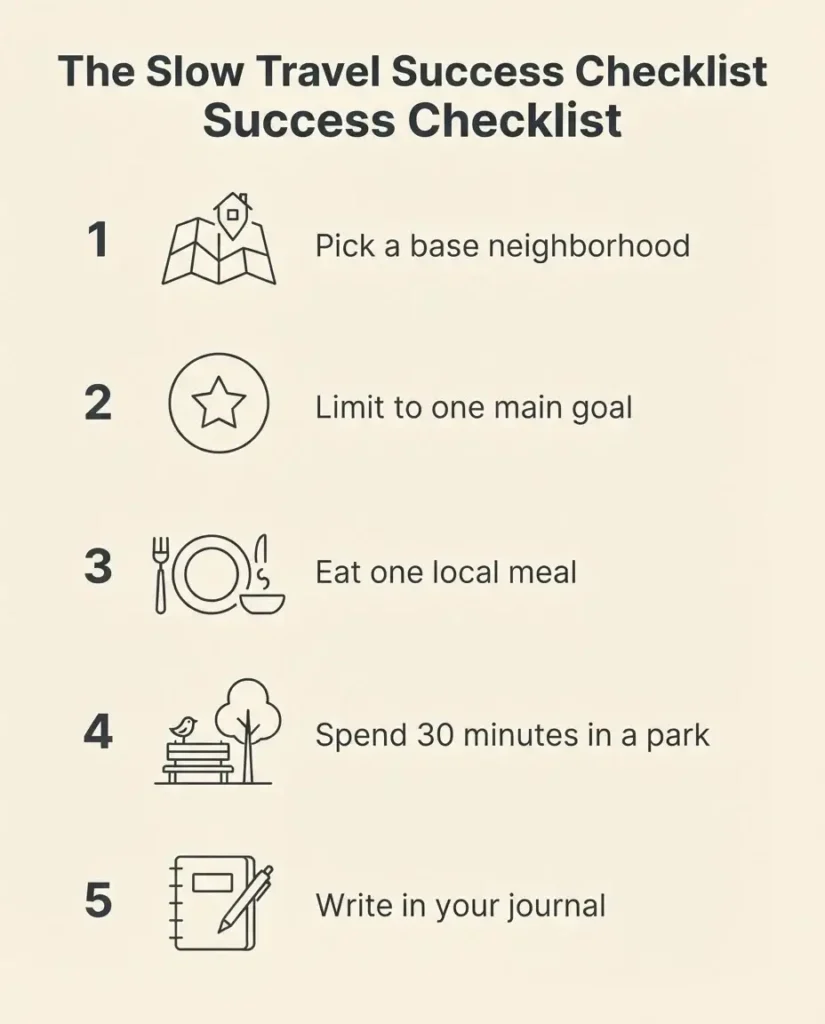 A vertical step-by-step checklist designed for slow travelers to follow for a meaningful and stress-free day in a new city.