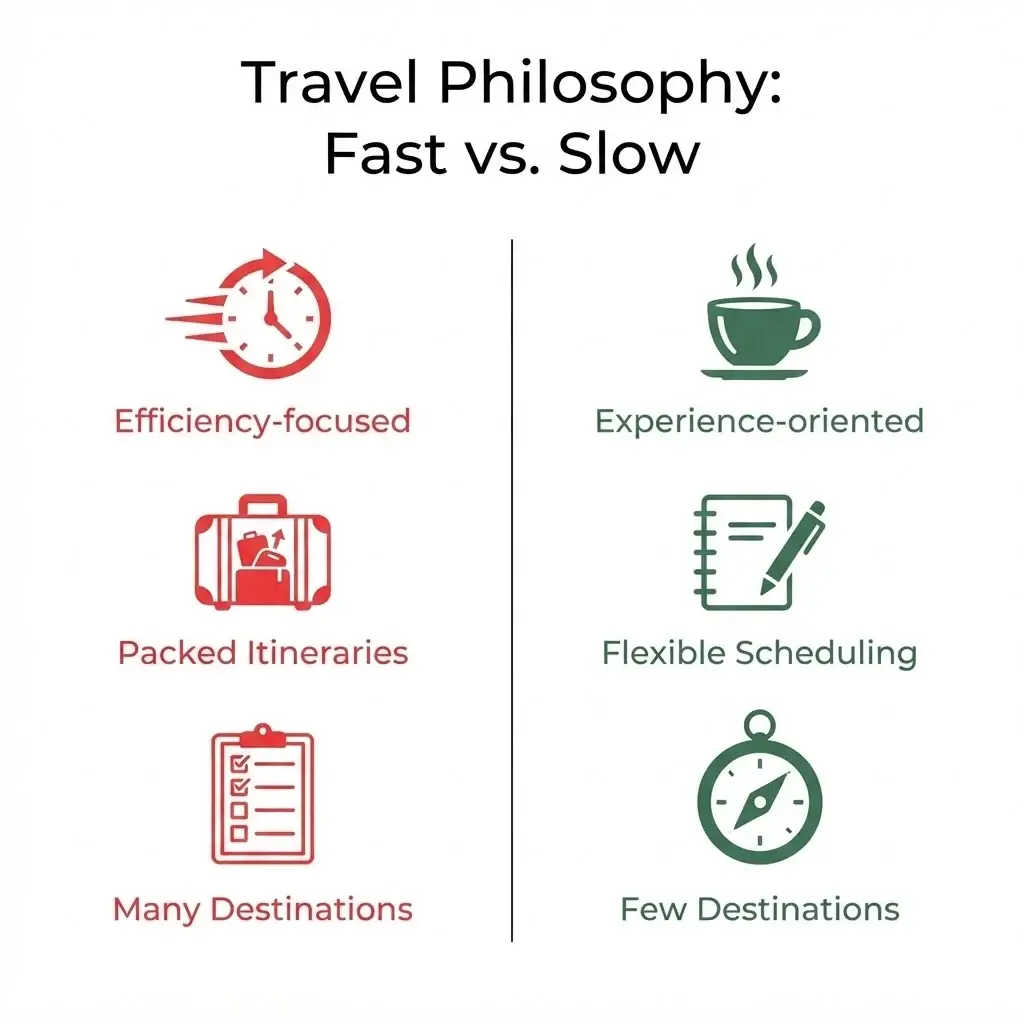 A comparison chart showing the differences between traditional fast-paced tourism and intentional slow travel, highlighting key benefits like cost and experience depth.