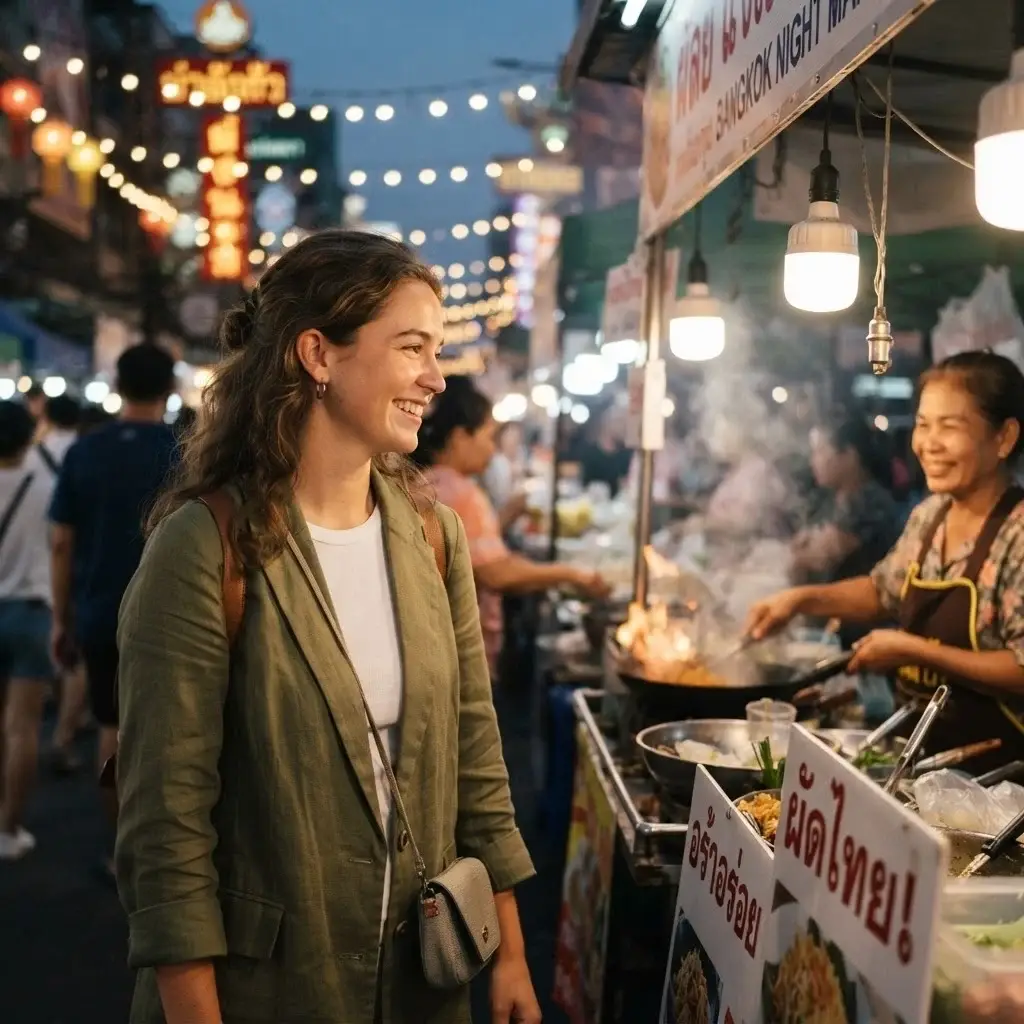 A 20-something female solo traveler with natural brown hair wearing a lightweight olive linen blazer, ordering food at a brightly lit night market stall in Bangkok during evening twilight.