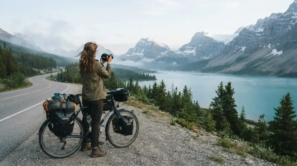 Solo female traveler on bicycle looking out at turquoise glacial lake along Icefields Parkway Alberta Canada Canadian Rockies