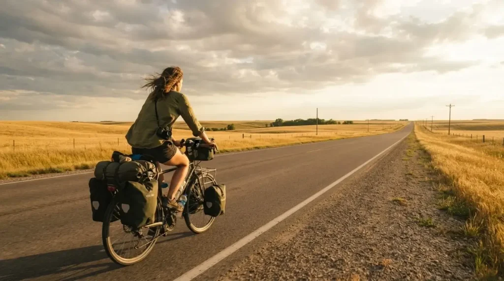 Solo female cycle tourer on rural highway through flat Kansas plains golden hour light loaded touring bike TransAmerica Trail USA