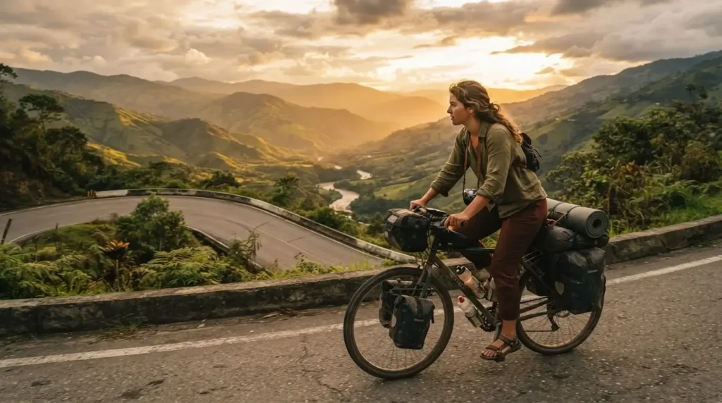 Solo female traveler cyclist on winding mountain road at golden hour in Colombian Andes with green hills and dramatic sky
