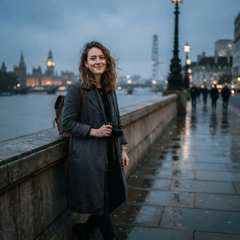 A candid eye-level shot of a 20-something female traveler with natural brown hair wearing a grey linen trench coat, holding a mirrorless camera on the London South Bank overlooking the River Thames at dusk.