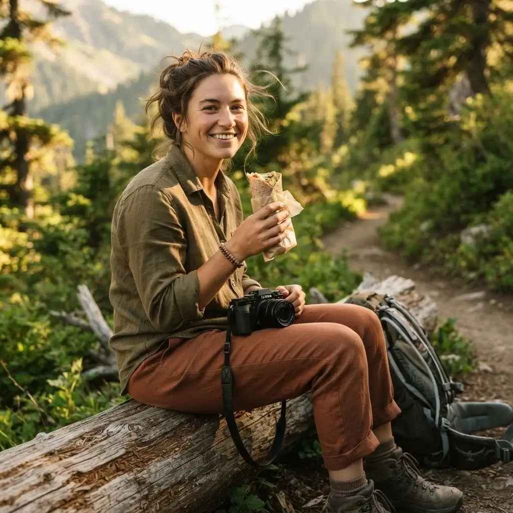 A natural, candid close-up of a female solo traveler sitting on a rustic wooden log along a mountain path, enjoying a quick high-energy snack during a hiking break.