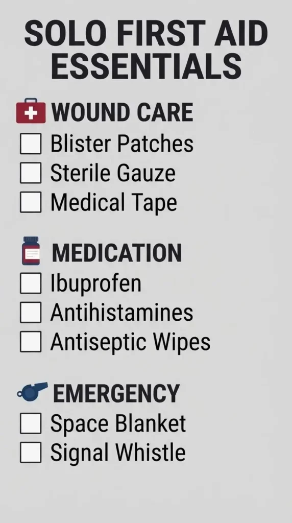 Minimalist checklist infographic detailing the necessary components of a solo hiker's personalized first aid kit, divided into medication, wound care, and emergency tools.