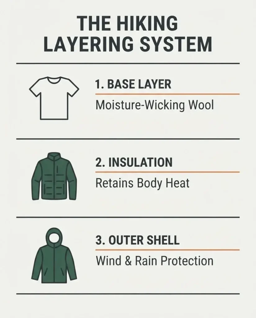 Flat vector infographic layout illustrating the three essential layers of a hiking clothing system: base layer for moisture-wicking, middle layer for insulation, and outer shell for weather protection.