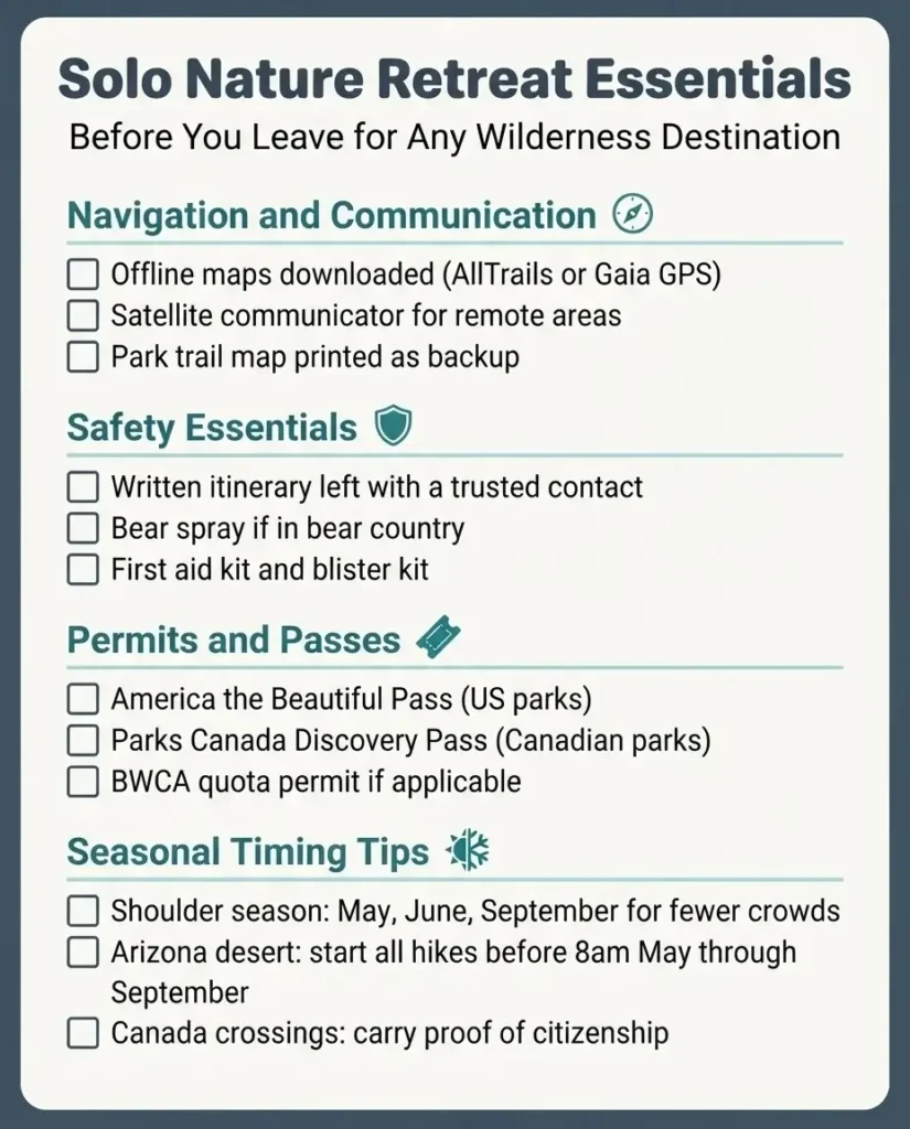 Minimalist checklist infographic for solo nature retreat preparation in North America covering navigation gear, safety essentials, permits, and seasonal timing tips