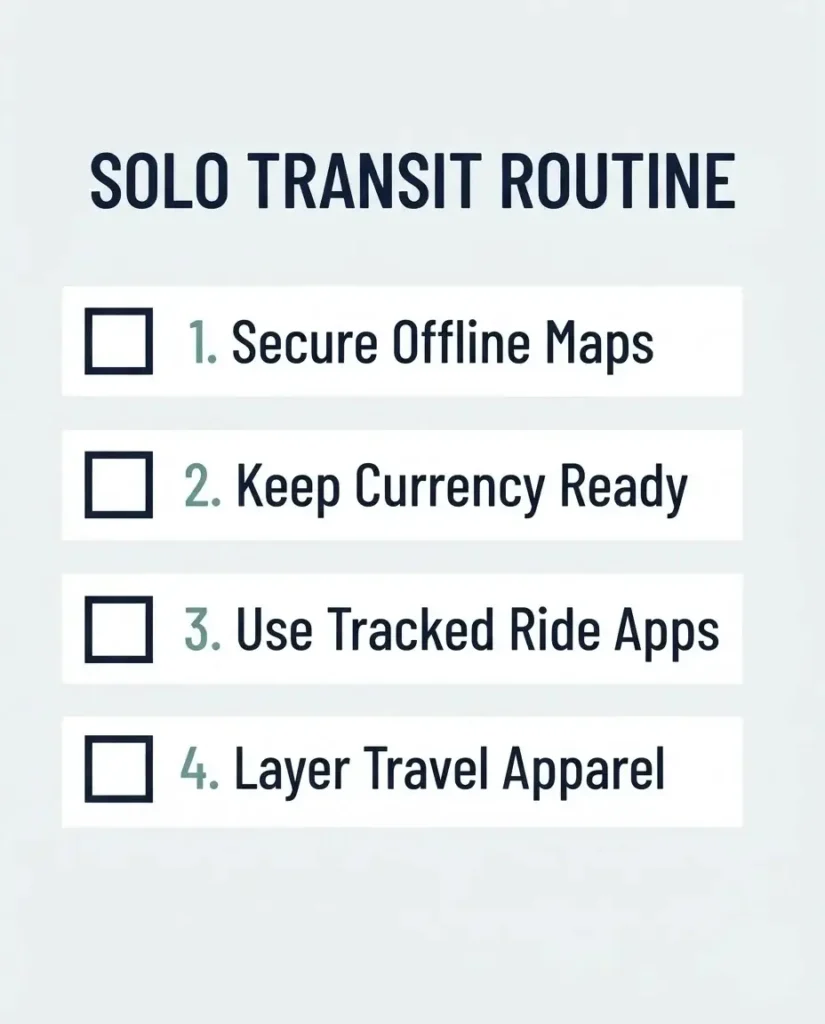 A vertical minimalist vector checklist infographic outlining four critical transit steps for solo business travelers, titled Solo Professional Transit Routine.