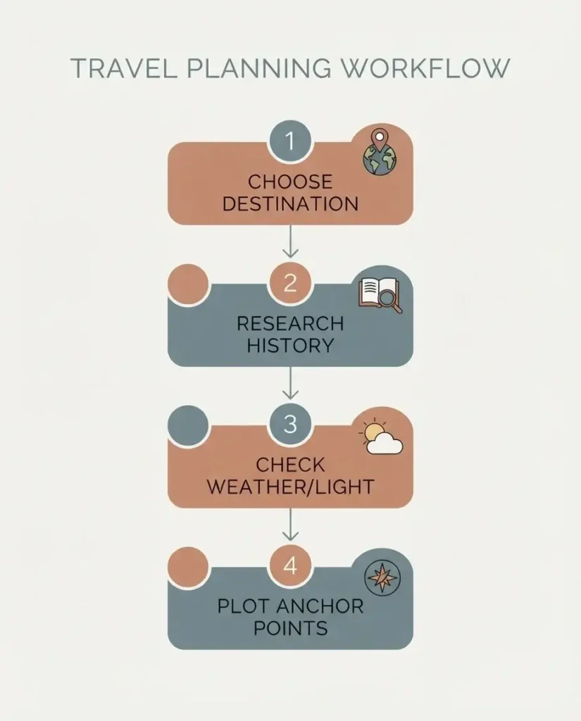 A step-by-step process flowchart illustrating how to build a personalized photography itinerary, from historical research to lighting analysis.