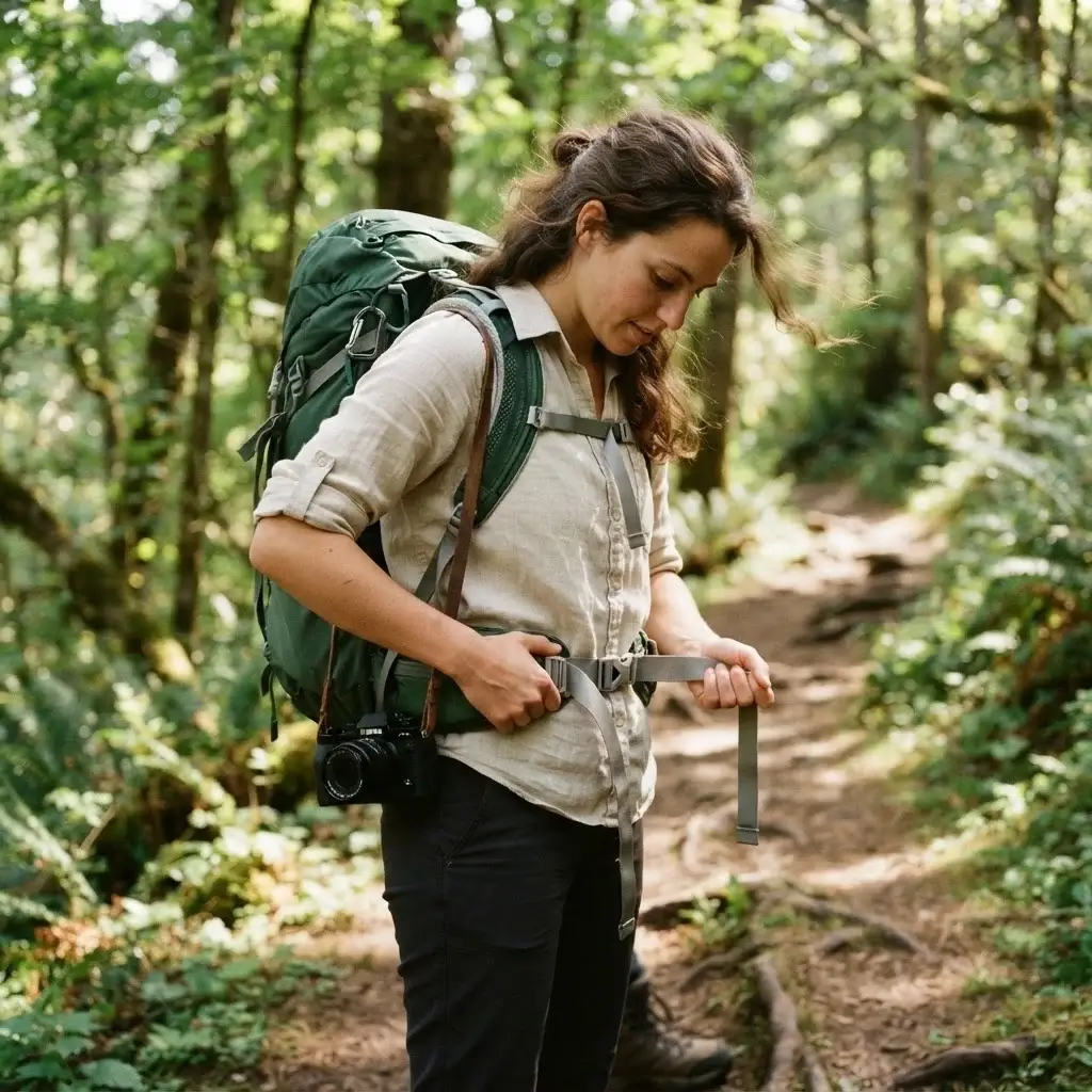 A close-up, eye-level candid shot of a female solo traveler with natural brown hair adjusting the padded hip belt buckles of her green 45-liter hiking backpack on a forest trail.