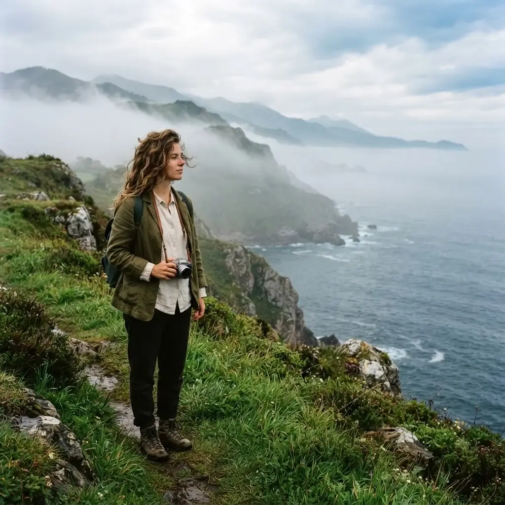 A young solo traveler standing on a lush, misty green cliffside overlooking the rugged Asturias coastline in northern Spain.