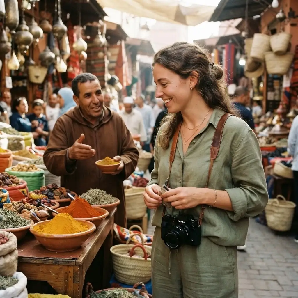 A solo traveler with a mirrorless camera inspecting fresh produce and local street food at a vibrant, outdoor city market during the day.
