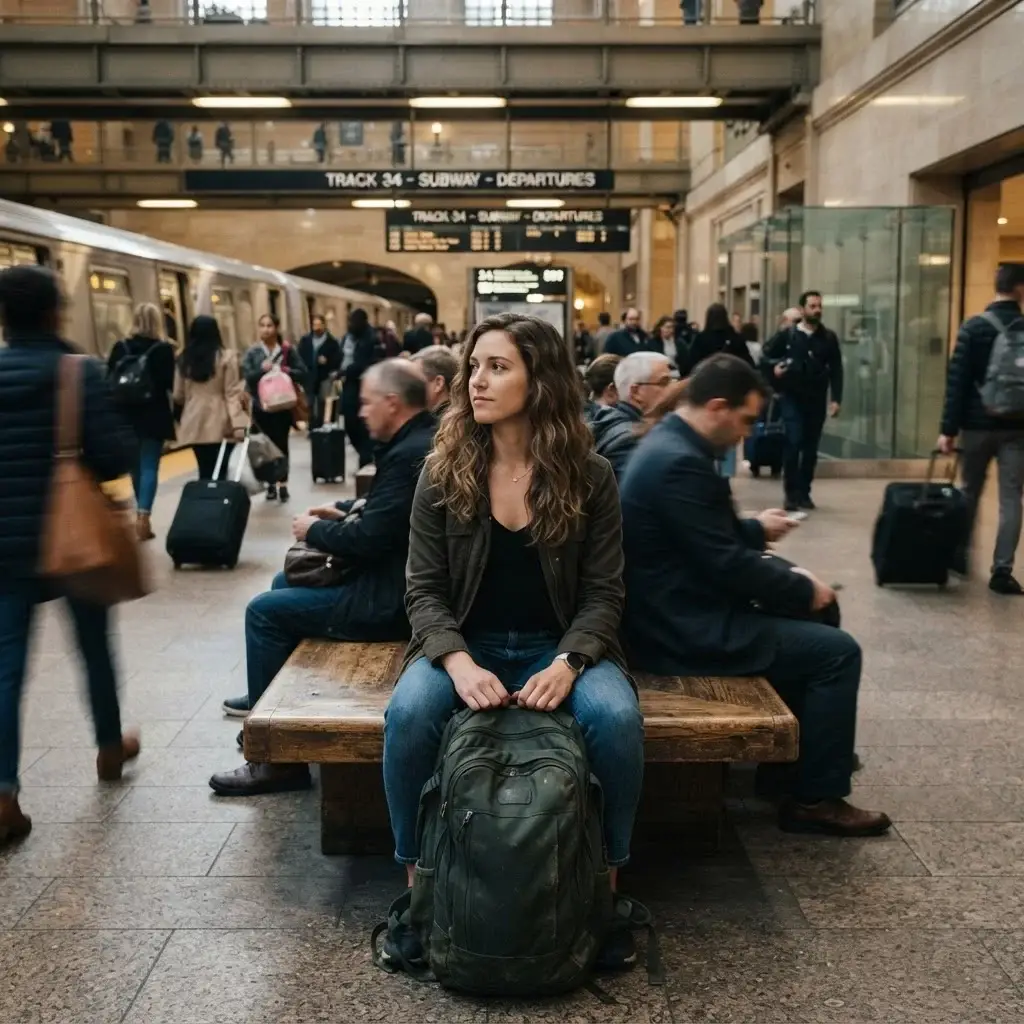 A solo female traveler sitting in a busy urban train station, keeping her backpack securely positioned in front of her with hands resting on the straps.