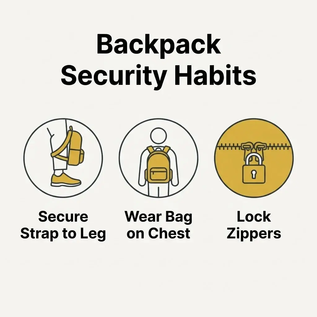 Minimalist infographic illustrating three core backpack security tips for travelers: strap wrapping, front-carry positioning, and TSA-lock usage.