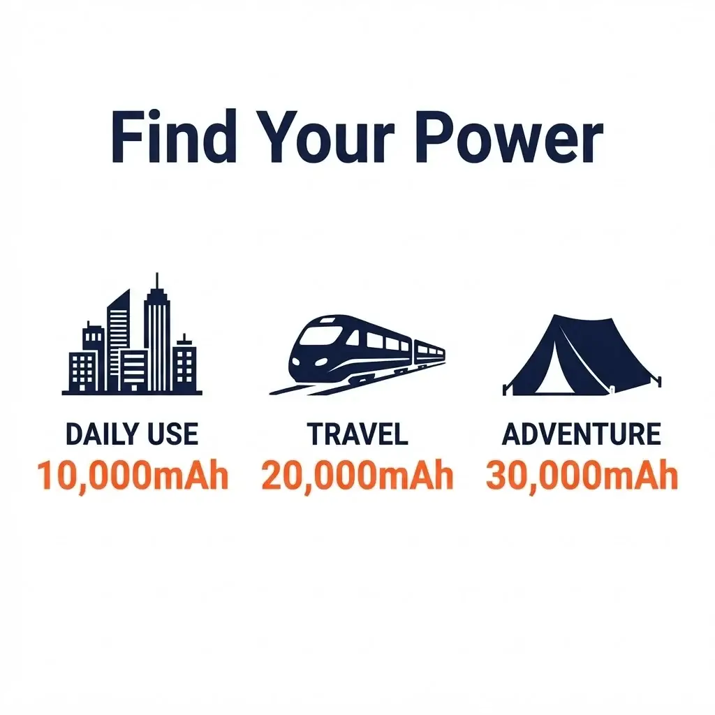 A minimalist comparison chart showing three power bank capacity tiers—10,000mAh for city trips, 20,000mAh for long-haul travel, and 30,000mAh for off-grid adventure.