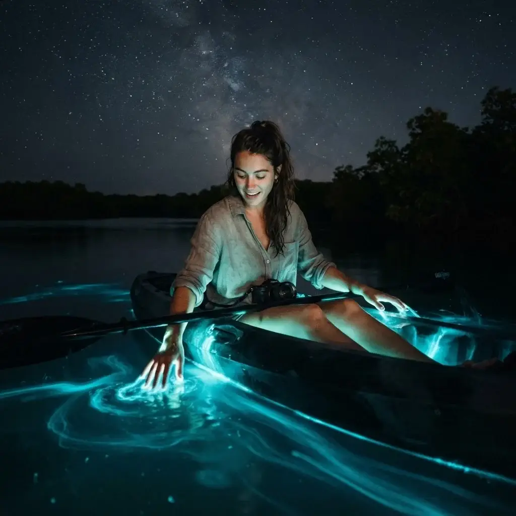 Solo female traveler kayaking in bioluminescent bay at night in Vieques Puerto Rico surrounded by glowing blue green water