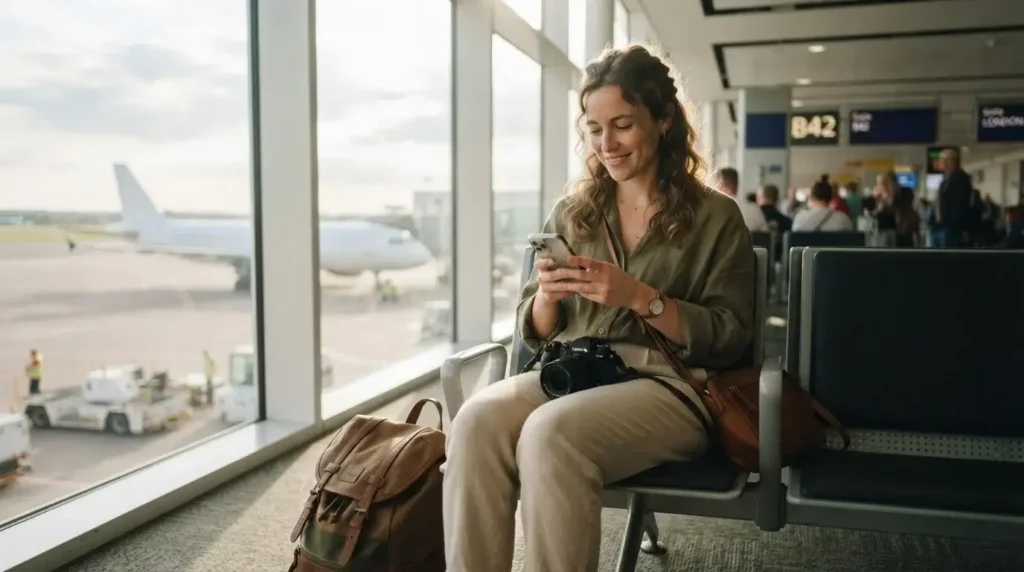 Solo female traveler booking a flight on her phone at an airport gate, bright terminal windows, relaxed and confident expression, carry-on bag beside her