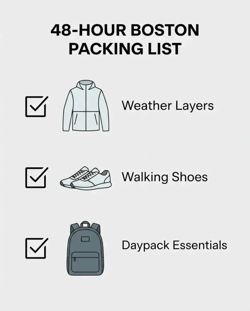 A clean flat vector checklist displaying essential items to pack for a 2-day trip to Boston, including layering clothing, proper footwear, and daypack gear.