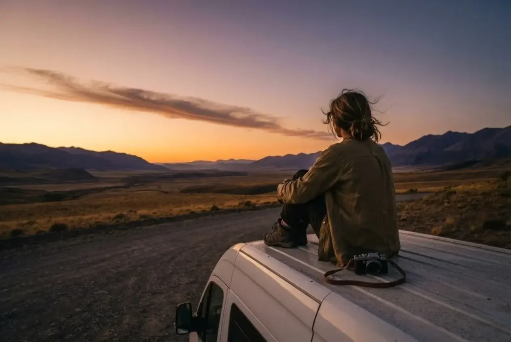 Young female solo traveler sitting on a campervan rooftop at sunset in Patagonia, gazing at vast empty landscape, mirrorless camera resting beside her