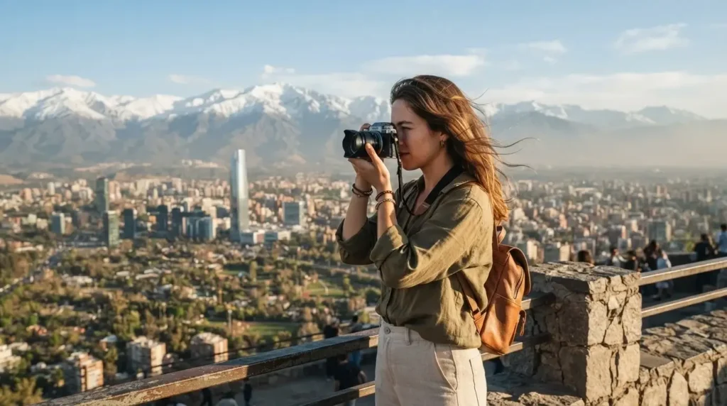 Young female solo traveler photographing the Santiago skyline and Andes mountains from the summit of Cerro San Cristobal on a clear afternoon