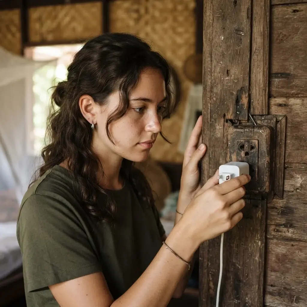 A candid close-up of a young woman's hands plugging a compact GaN travel charger into an aged wooden wall outlet in a traditional Chiang Mai guesthouse, authentic travel aesthetics.