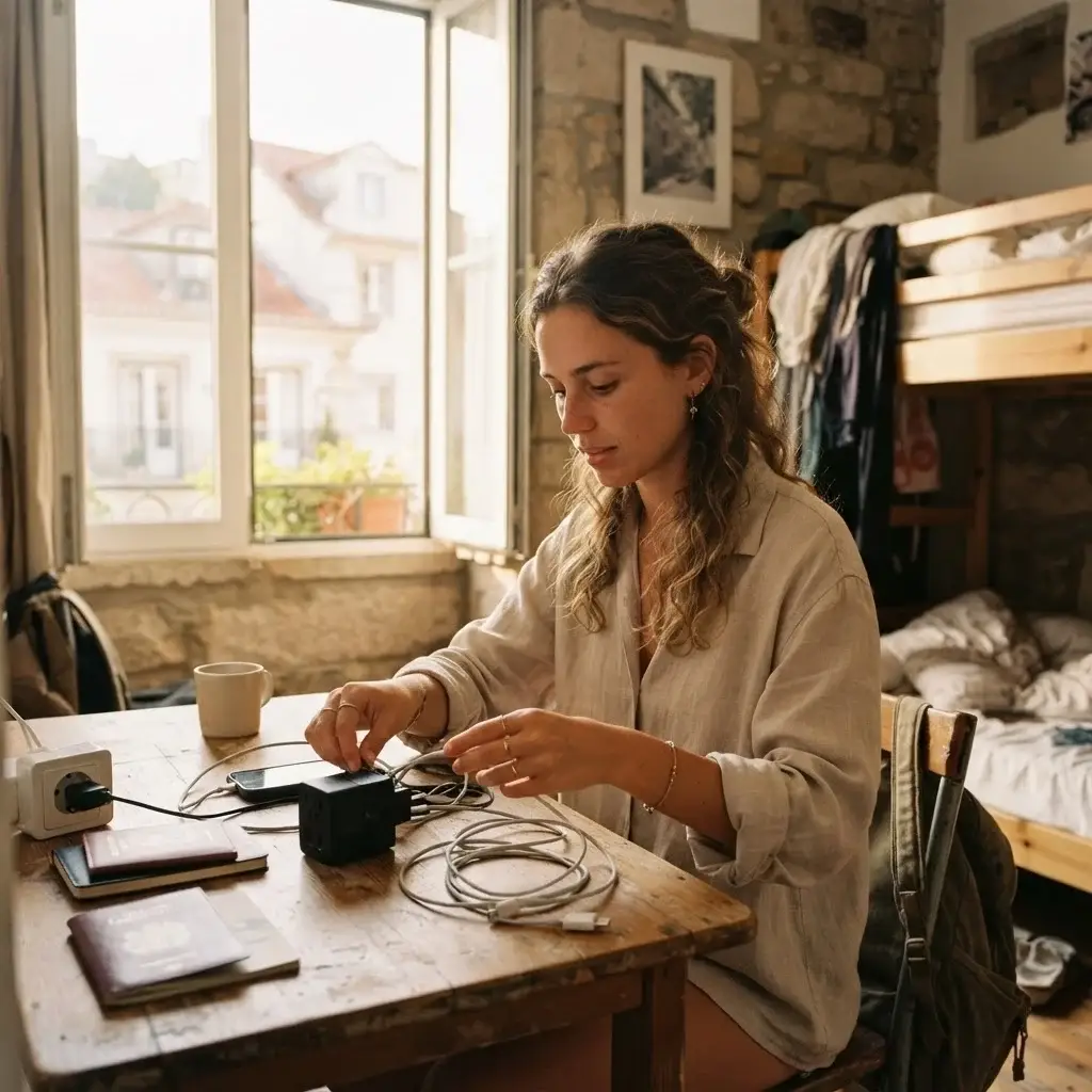 A candid eye-level shot of Emma Collins setting up a minimalist charging station with a universal adapter block in a cozy, sunlit room, emphasizing organized solo travel gear.