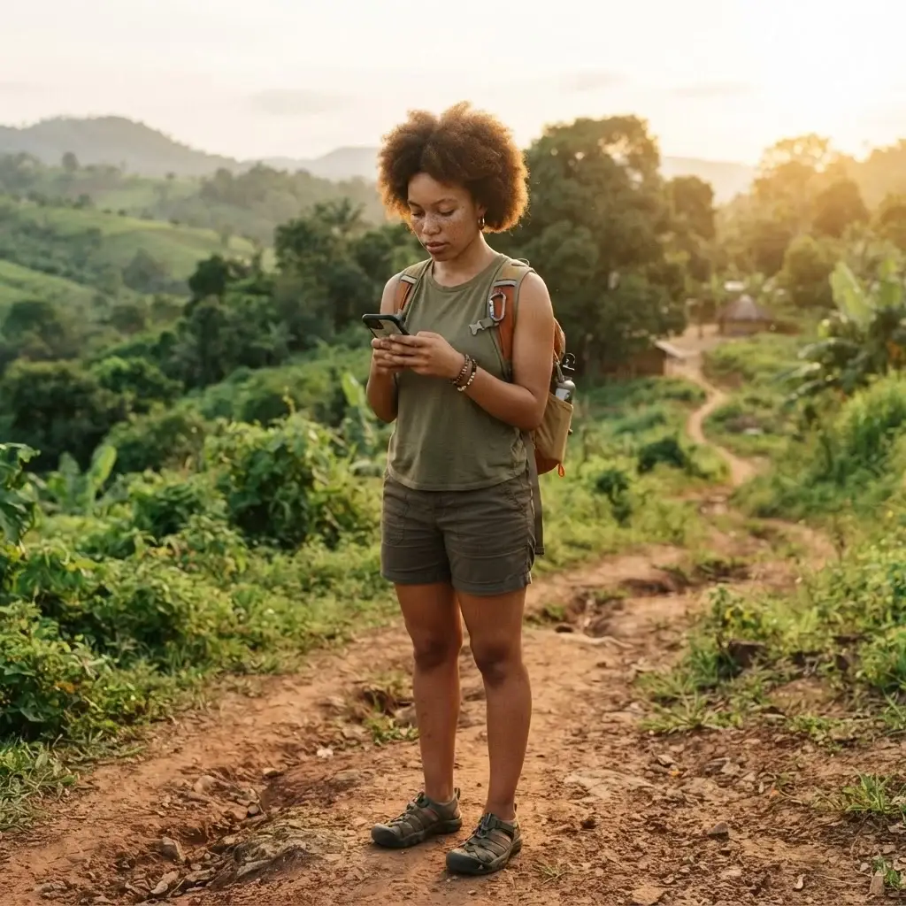 A confident solo female traveler checking an offline map on her phone during a hike in a scenic, remote landscape in Ghana.