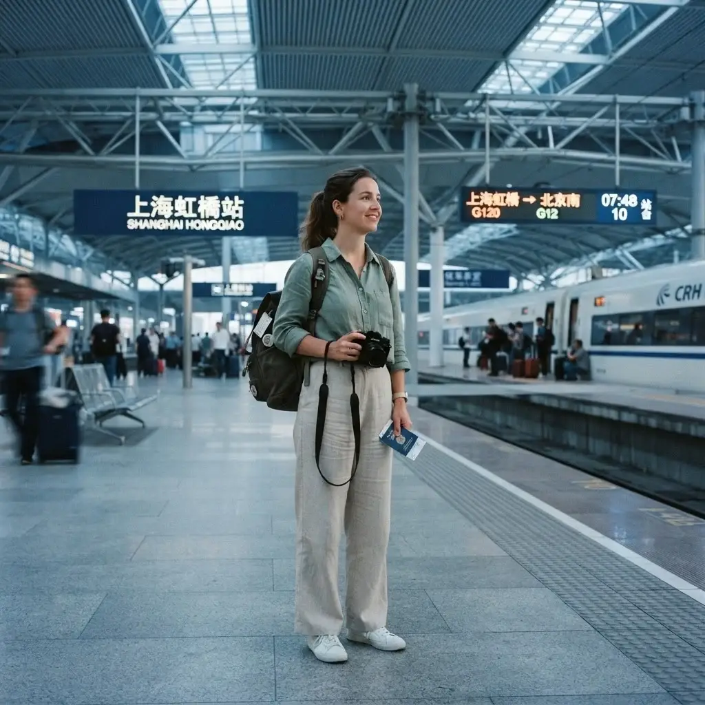 Emma Collins standing on a clean, modern Chinese high-speed railway platform holding her passport and mirrorless camera, captured in a documentary photography style.