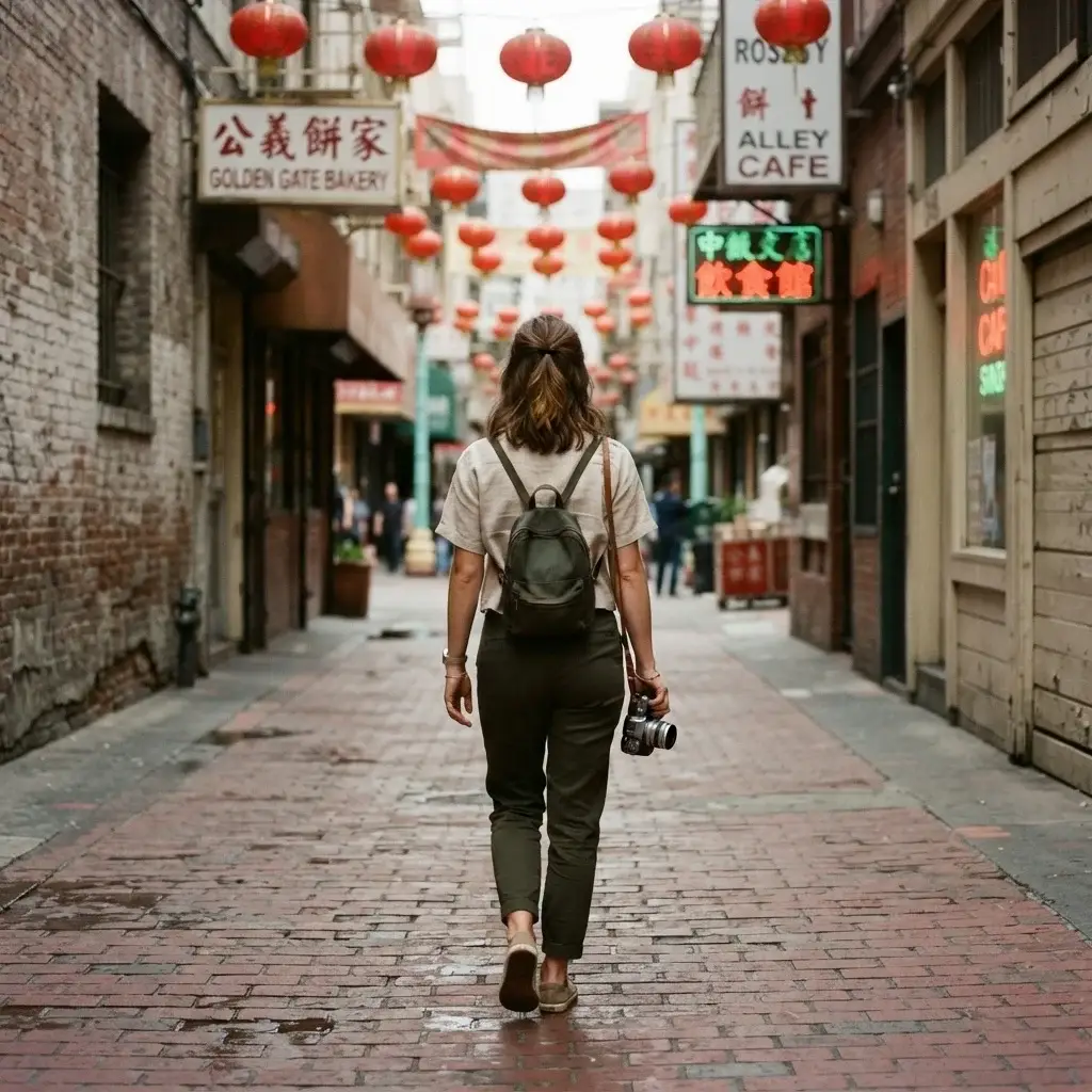 A 20-something female traveler walking down the historic brick-paved Ross Alley in San Francisco Chinatown, holding a classic mirrorless camera.