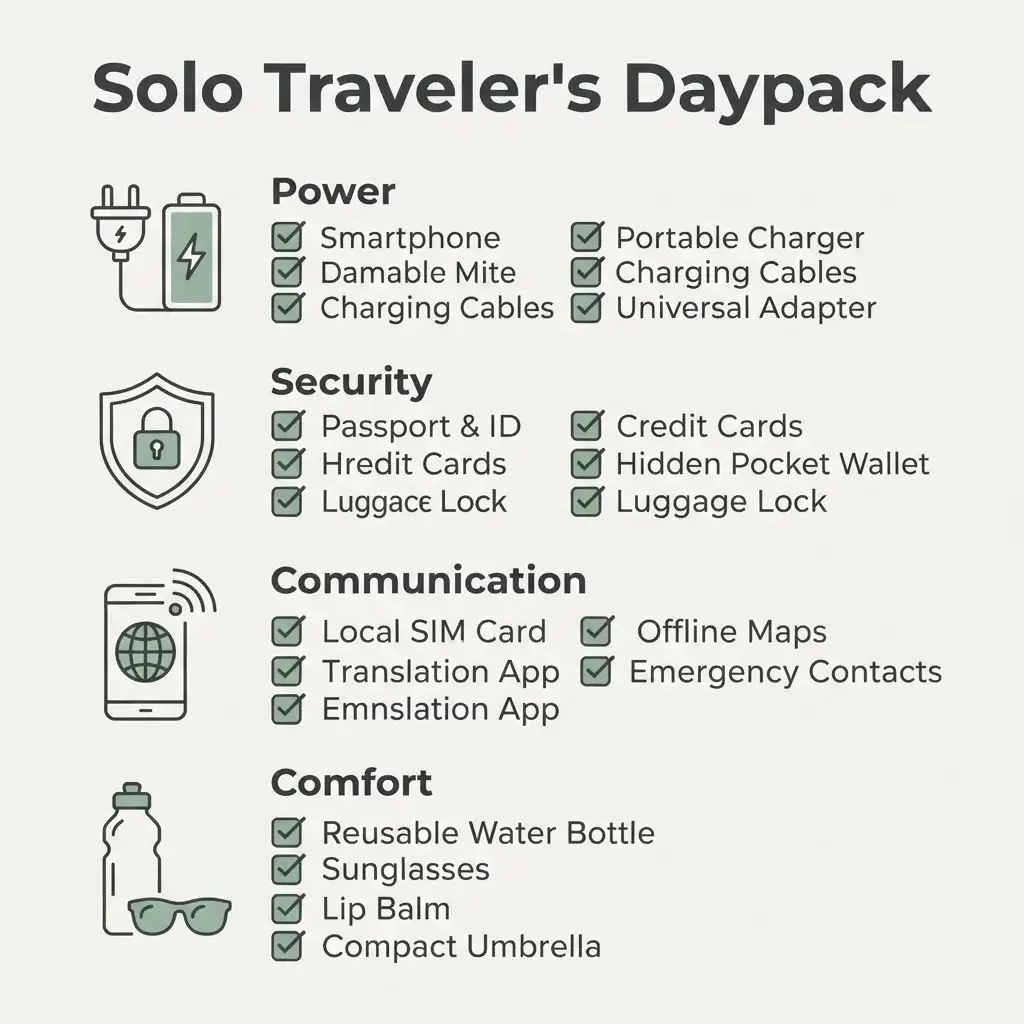 A minimalist checklist infographic titled "Solo Traveler's Daypack" listing essential tech categories including power, security, and communication.