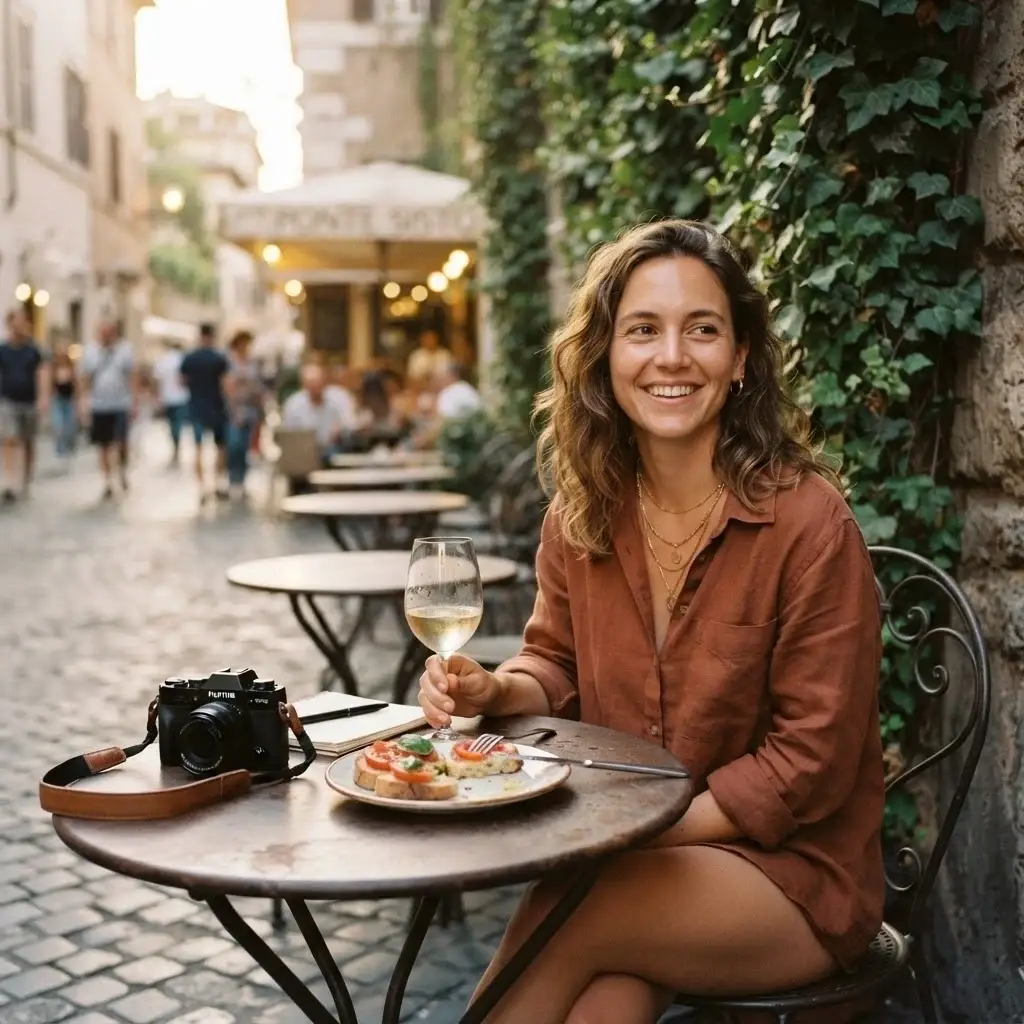 A solo traveler with a mirrorless camera resting on the table, enjoying a glass of wine and bruschetta at a sun-drenched outdoor cafe in Rome.