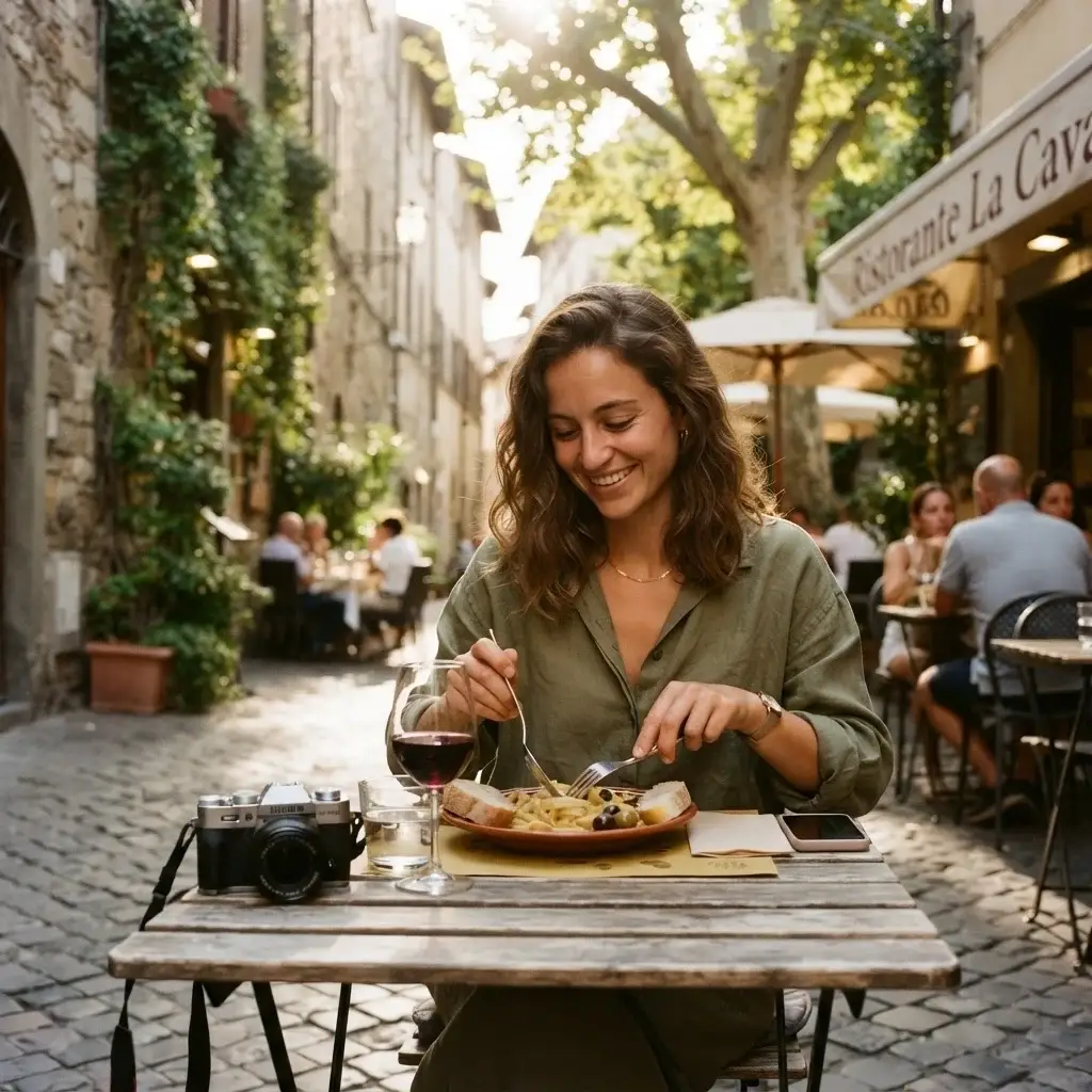 A natural, warm photograph of a solo traveler with brown hair sitting at a rustic outdoor cafe table, eating a local dish, with her mirrorless camera resting beside her.