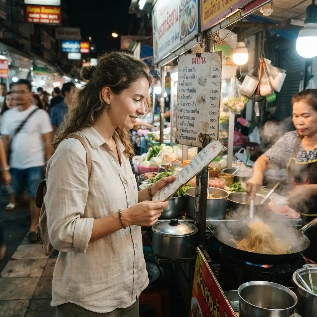 A woman in casual travel attire examining a small, authentic local street food stall, capturing the excitement of finding hidden culinary gems.