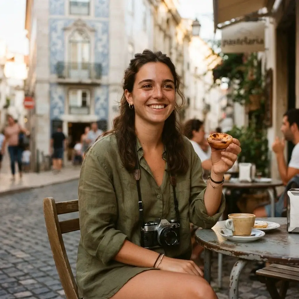 A solo traveler with a camera around her neck enjoying a warm pastel de nata and espresso at a historic cafe in Lisbon, Portugal, shot with natural lighting.