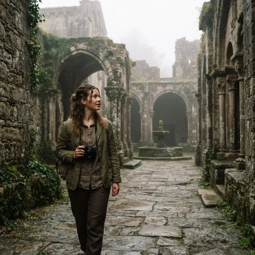 A solo traveler walking through a quiet, ancient architectural site during the early morning, reflecting a moment of deep cultural curiosity.