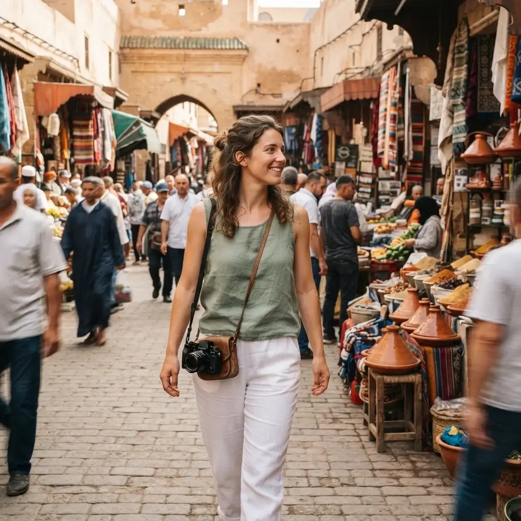 A candid perspective of a young traveler wearing breathable linen walking through a vibrant, historic open-air market, carrying a camera, capturing the essence of cultural travel.