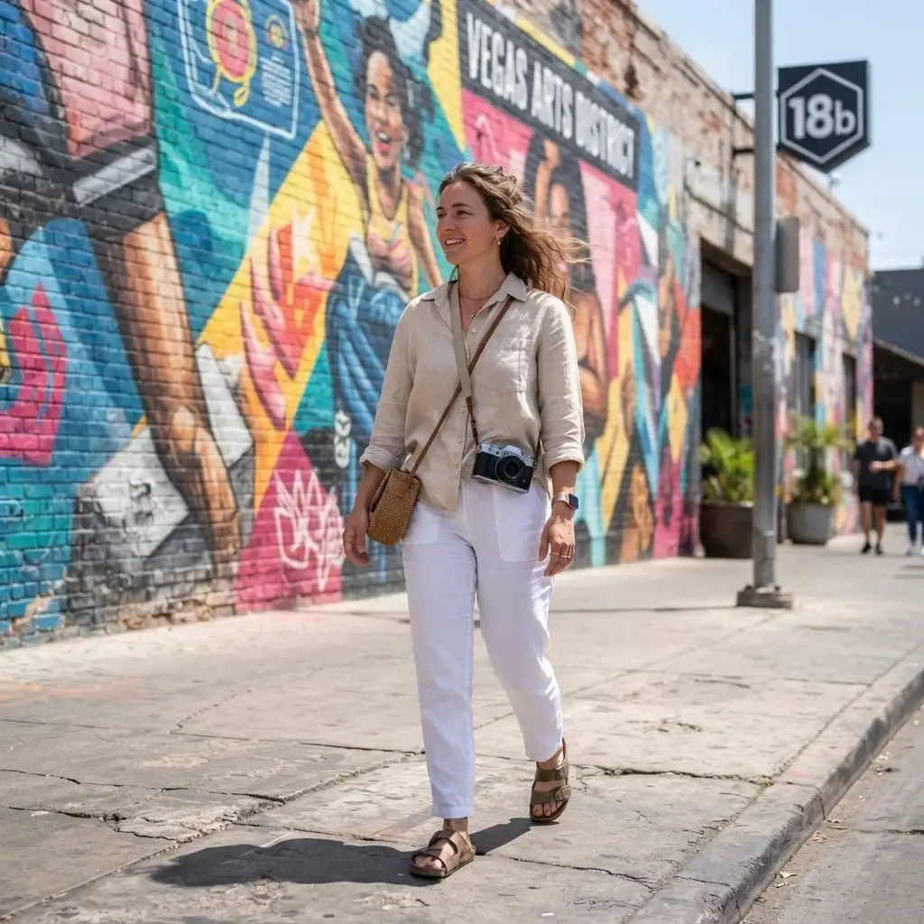 A natural, candid shot of a 20-something female traveler walking past a vibrant street mural on an industrial brick wall in the 18b Las Vegas Arts District.