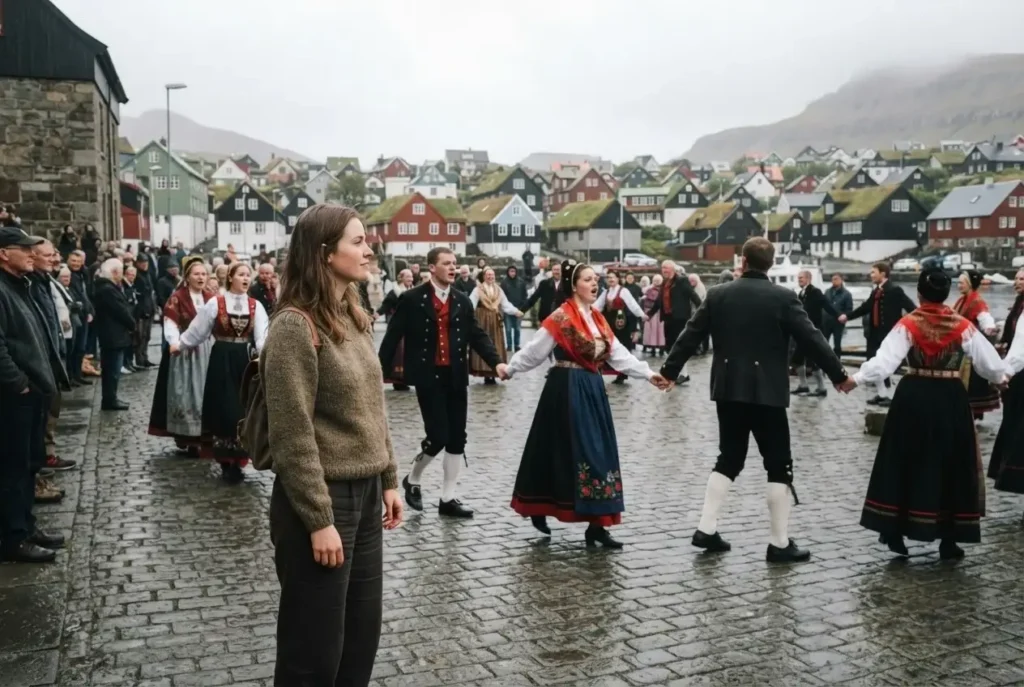 Solo female traveler watching Faroese chain dance performers in traditional costume in a village square in the Faroe Islands North Atlantic