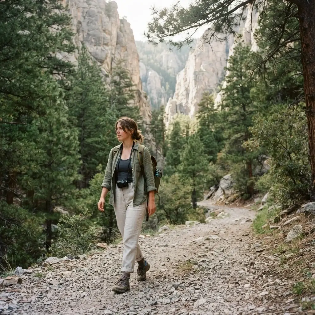 An authentic eye-level photograph of a female solo traveler hiking between towering Ponderosa pines along the Fletcher Canyon trail at Mount Charleston, Nevada.