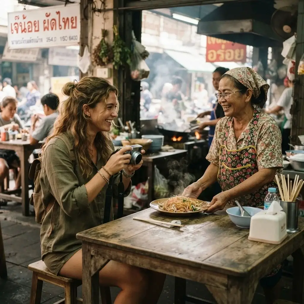 A solo traveler engaging with a local shopkeeper in a traditional market while photographing a steaming, authentic meal.