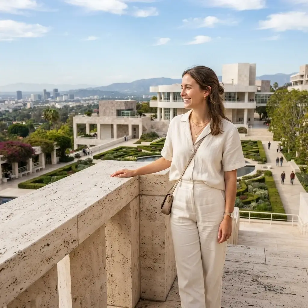 A female traveler with natural brown hair standing in front of the white travertine stone architecture and central gardens at the Getty Center in Los Angeles.