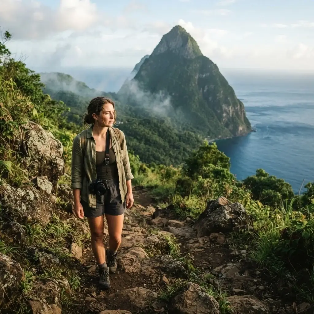 Solo female traveler hiking Gros Piton trail in St Lucia with dramatic twin volcanic peaks and Caribbean sea visible in background
