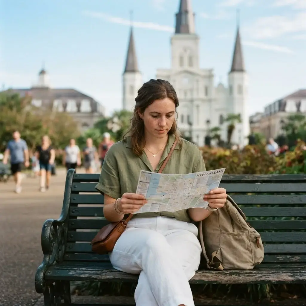 A candid eye-level photograph of a 20-something female solo traveler with brown hair sitting on a park bench in Jackson Square New Orleans, looking at a map with St. Louis Cathedral in the background.
